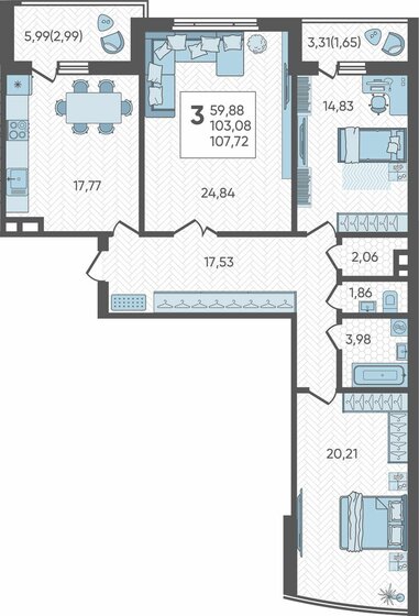 107,7 м², 3-комнатная квартира 13 465 000 ₽ - изображение 1
