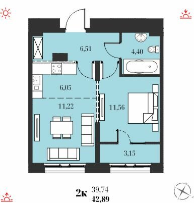 42,9 м², 2-комнатная квартира 7 497 000 ₽ - изображение 1