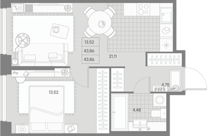 Квартира 43,9 м², 1-комнатная - изображение 1