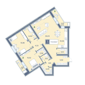 Квартира 113,5 м², 3-комнатная - изображение 1