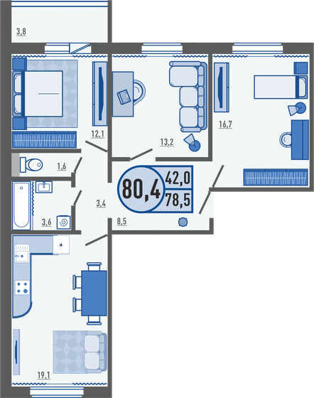 80,4 м², 3-комнатная квартира 6 753 600 ₽ - изображение 1