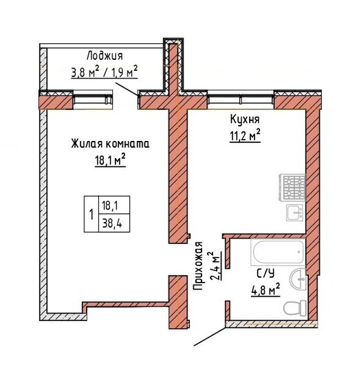 38,4 м², 1-комнатная квартира 3 494 400 ₽ - изображение 1