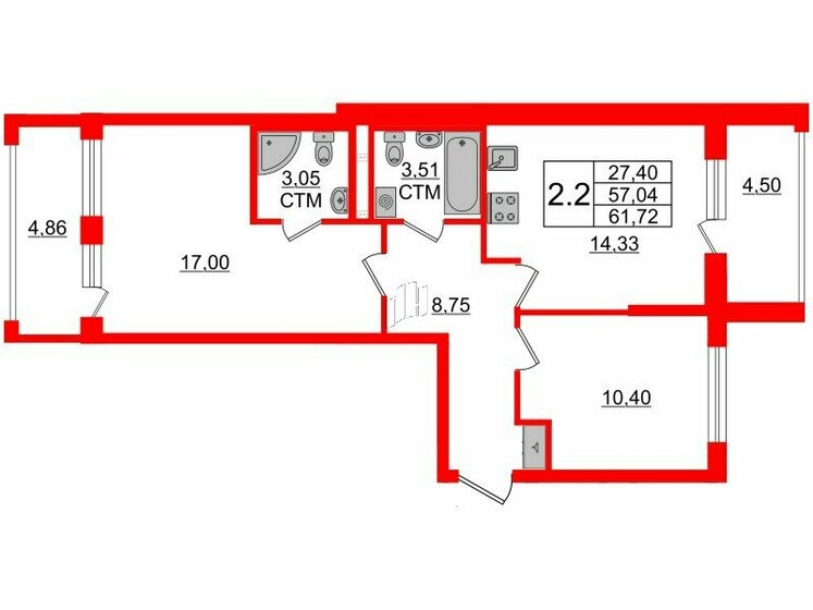 57 м², 2-комнатная квартира 12 700 383 ₽ - изображение 31