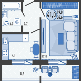 Квартира 41 м², 1-комнатная - изображение 1