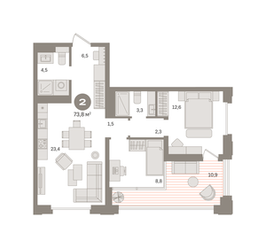 Квартира 73,8 м², 2-комнатная - изображение 1