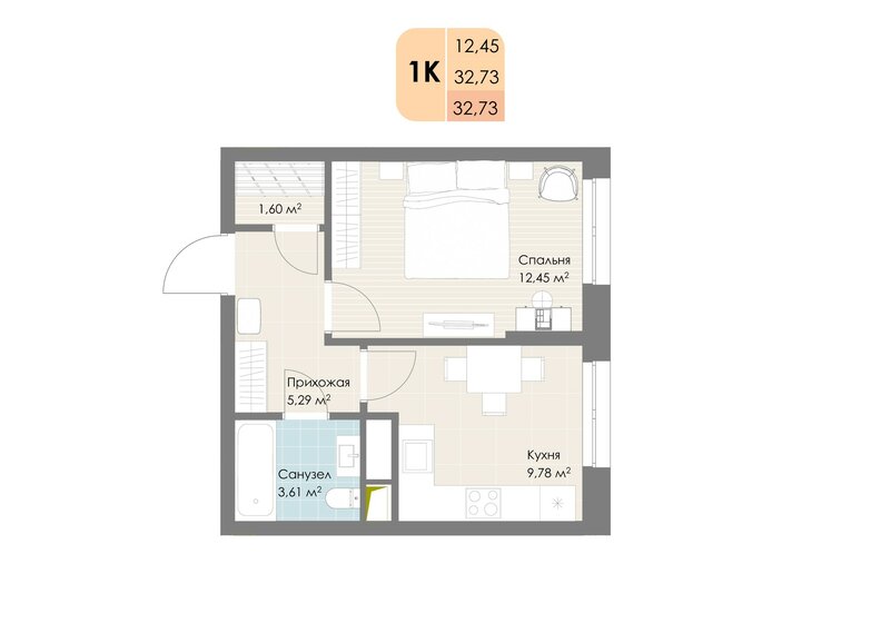 32,7 м², 1-комнатная квартира 7 501 716 ₽ - изображение 1