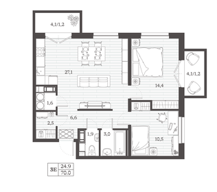 Квартира 70 м², 2-комнатная - изображение 1