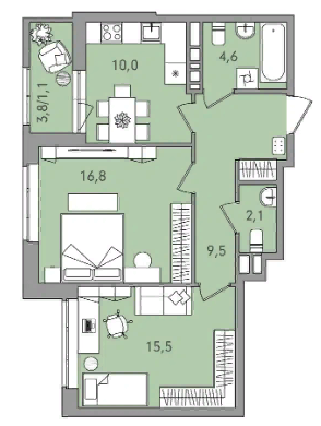 59,6 м², 2-комнатная квартира 6 870 000 ₽ - изображение 1