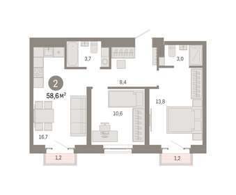 Квартира 58,6 м², 2-комнатная - изображение 1