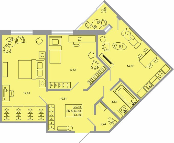 61,9 м², 2-комнатная квартира 8 355 150 ₽ - изображение 17