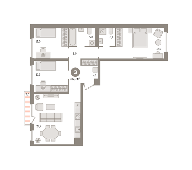86,9 м², 3-комнатная квартира 15 120 000 ₽ - изображение 1