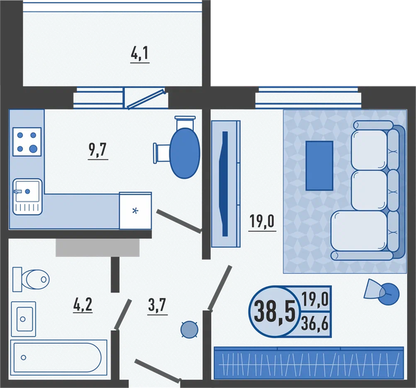 38,5 м², 1-комнатная квартира 3 915 450 ₽ - изображение 1