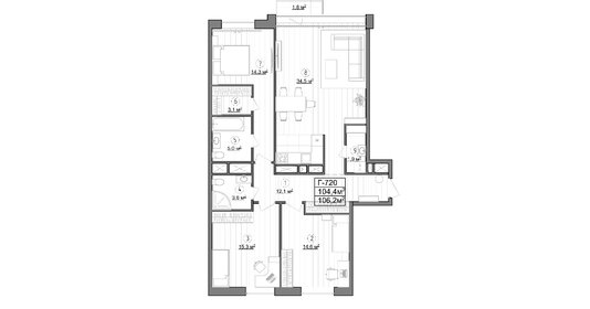 Квартира 104,4 м², 3-комнатные - изображение 1