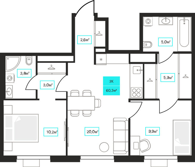 60,3 м², 2-комнатная квартира 7 770 000 ₽ - изображение 1