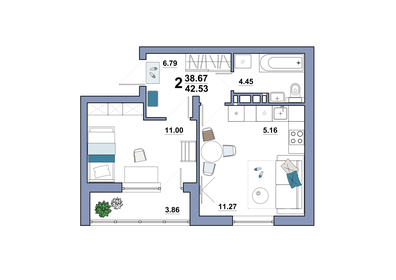 Квартира 42,5 м², 2-комнатная - изображение 1
