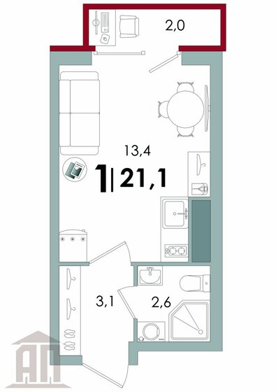 21 м², 1-комнатная квартира 2 816 850 ₽ - изображение 1
