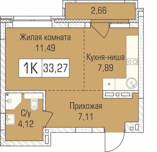 33,1 м², 1-комнатная квартира 4 471 600 ₽ - изображение 1