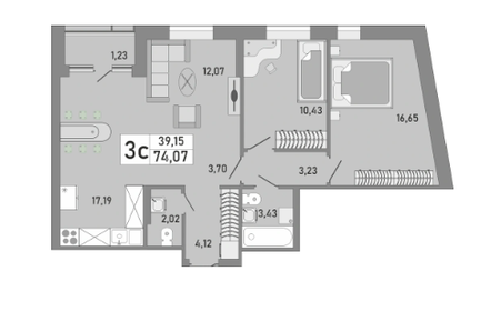 Квартира 74 м², 3-комнатная - изображение 1