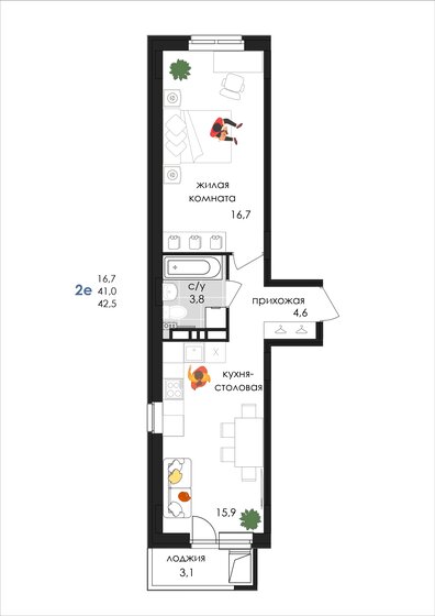 42,5 м², 2-комнатная квартира 5 834 967 ₽ - изображение 1