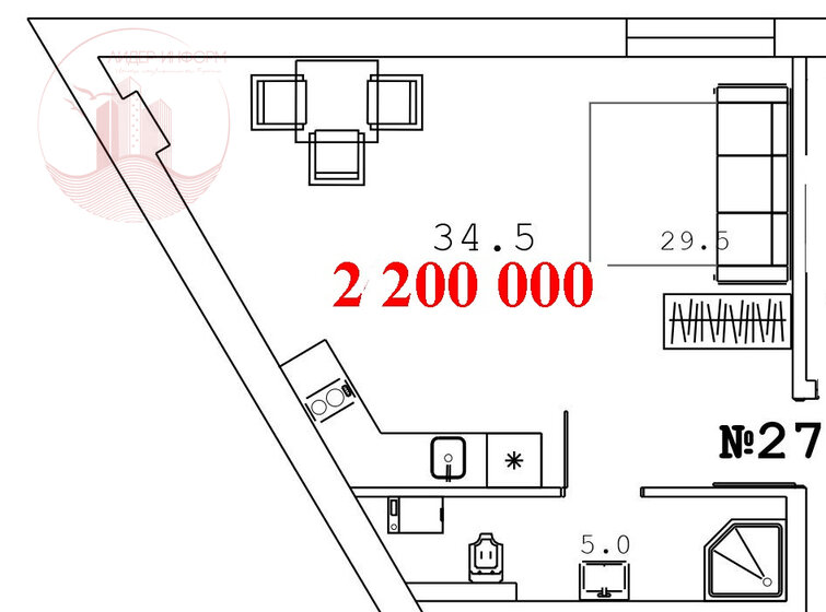 34,5 м², 1-комнатная квартира 2 200 000 ₽ - изображение 1