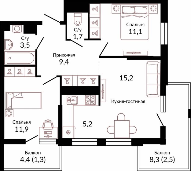 61,8 м², 2-комнатная квартира 10 209 360 ₽ - изображение 1