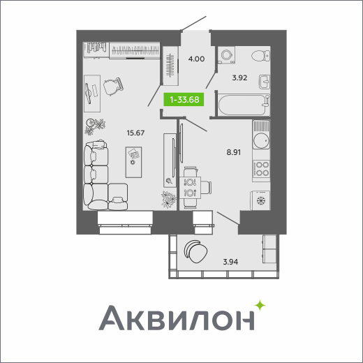 33,7 м², 1-комнатная квартира 5 874 499 ₽ - изображение 1