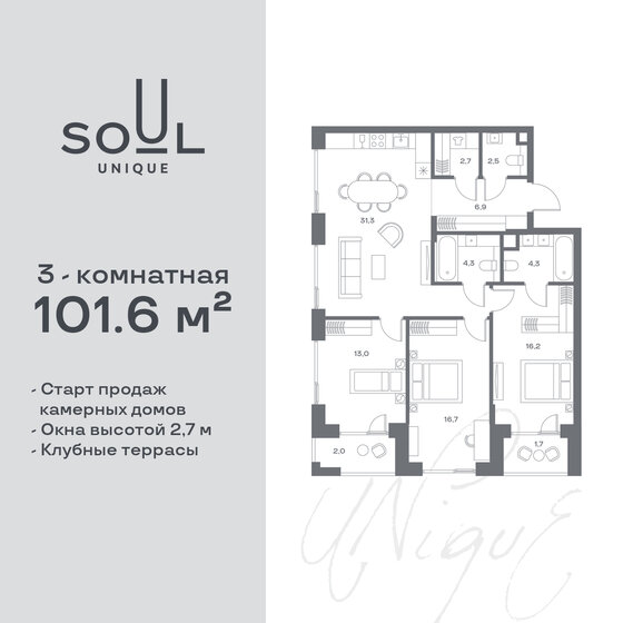 101,6 м², 3-комнатная квартира 54 254 400 ₽ - изображение 1