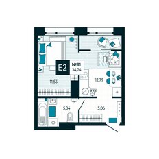 Квартира 34,7 м², 1-комнатная - изображение 2