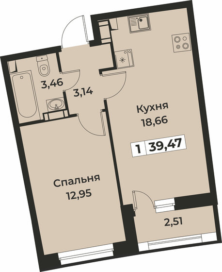 39,5 м², 1-комнатная квартира 6 433 610 ₽ - изображение 1