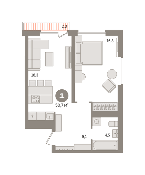 50,7 м², 1-комнатная квартира 10 320 000 ₽ - изображение 1