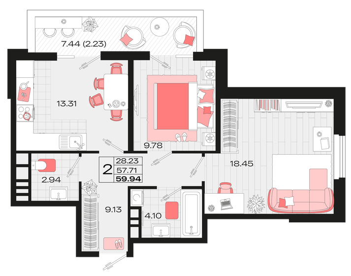59,9 м², 2-комнатная квартира 9 104 886 ₽ - изображение 1