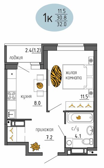 32 м², 1-комнатная квартира 4 138 816 ₽ - изображение 1