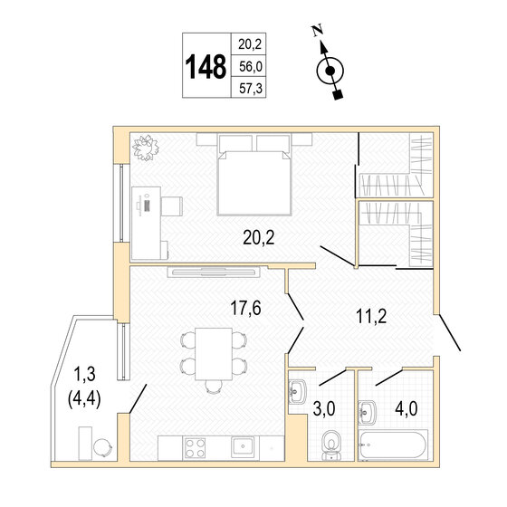 57,3 м², 1-комнатная квартира 17 018 100 ₽ - изображение 1