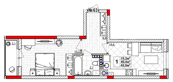 44,8 м², 1-комнатная квартира 3 800 000 ₽ - изображение 47