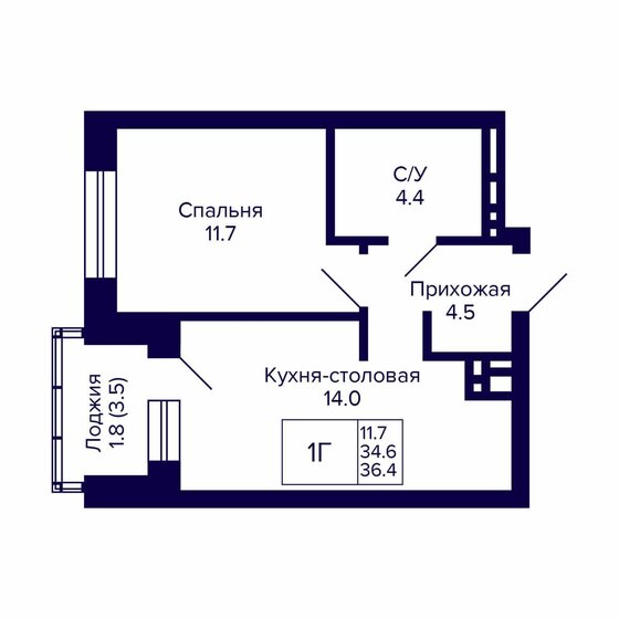 36,4 м², 1-комнатная квартира 4 430 000 ₽ - изображение 1