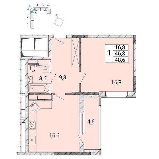 48,3 м², 1-комнатная квартира 7 936 540 ₽ - изображение 1