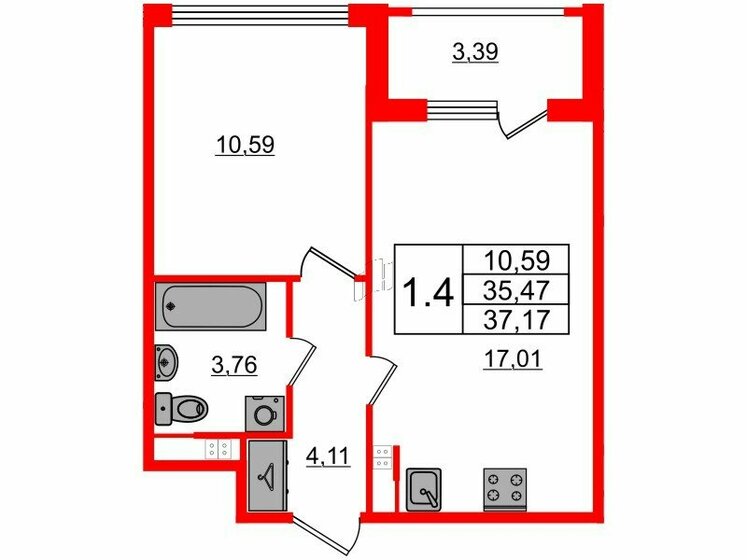 35,5 м², 1-комнатная квартира 6 550 280 ₽ - изображение 16