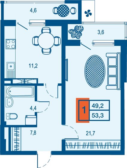 49,2 м², 1-комнатная квартира 7 011 000 ₽ - изображение 1
