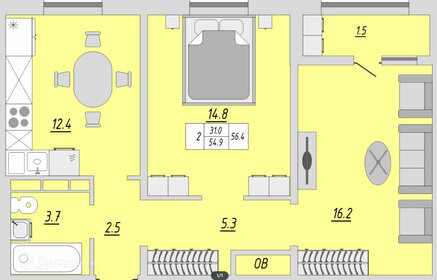 Квартира 56 м², 2-комнатная - изображение 1