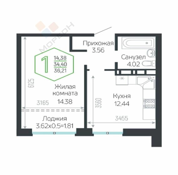 36,2 м², 1-комнатная квартира 7 200 000 ₽ - изображение 1