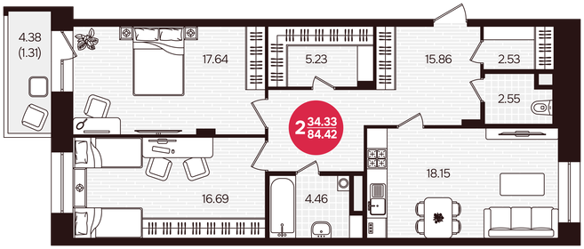 Квартира 84,4 м², 2-комнатная - изображение 2