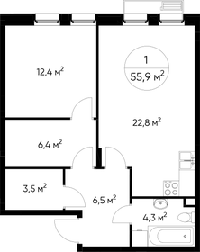 Квартира 55,9 м², 1-комнатная - изображение 1