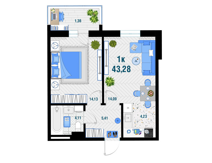 43,3 м², 1-комнатная квартира 5 994 280 ₽ - изображение 1