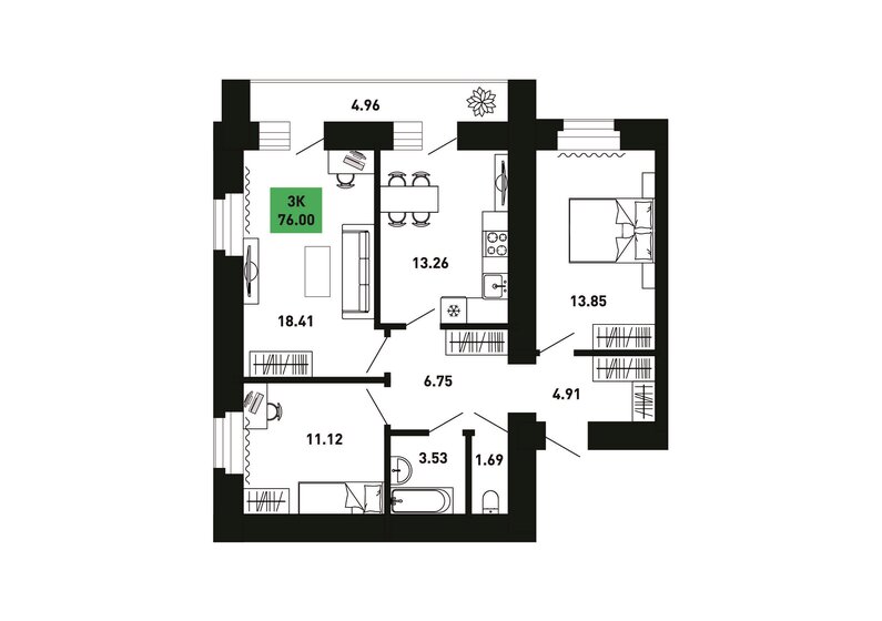 76 м², 3-комнатная квартира 5 745 600 ₽ - изображение 1