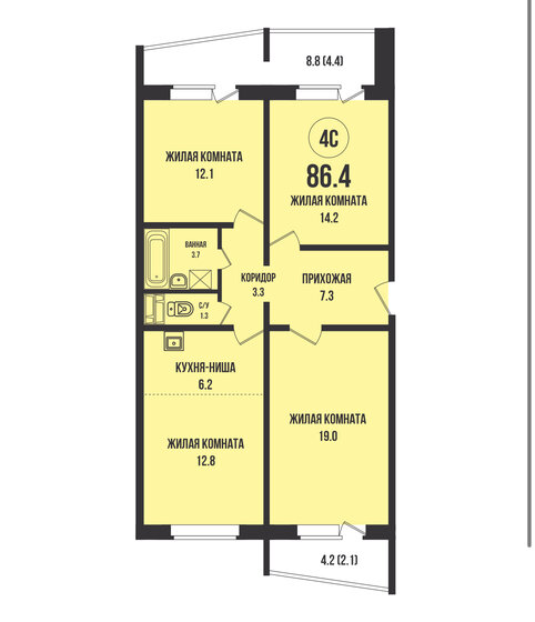 86,4 м², 4-комнатная квартира 8 400 000 ₽ - изображение 1