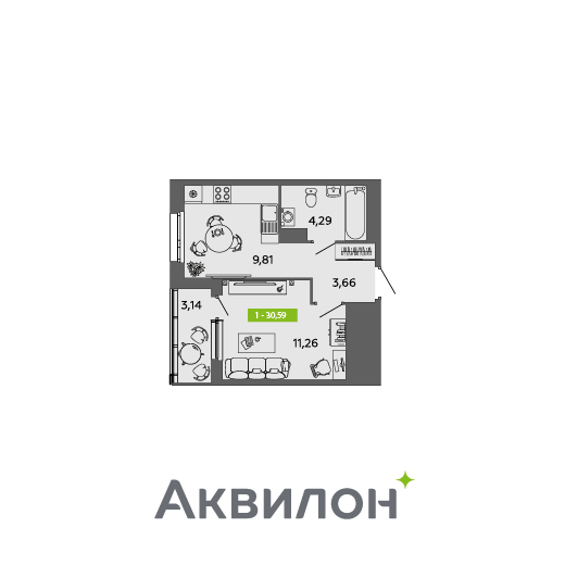 30,6 м², 1-комнатная квартира 4 629 522 ₽ - изображение 1