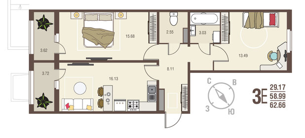 63,1 м², 2-комнатная квартира 4 735 500 ₽ - изображение 1