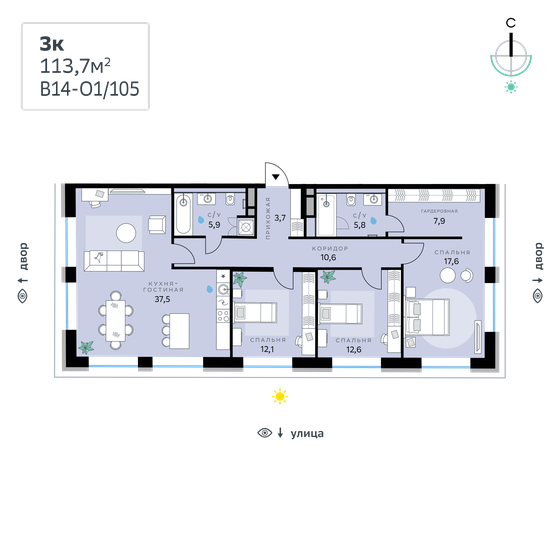 113,7 м², 3-комнатная квартира 55 167 240 ₽ - изображение 1