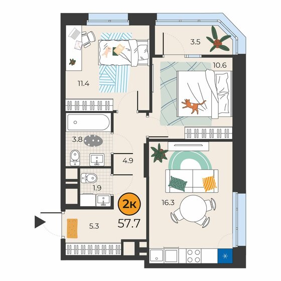 57,7 м², 2-комнатная квартира 8 484 200 ₽ - изображение 1