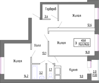 Квартира 74,4 м², 3-комнатная - изображение 1